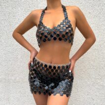 Handmade Glitter Sequins Patchwork Strappy Nightclub Party Mini Skirt - ArtGalleryZen