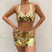 Handmade Glitter Sequins Patchwork Strappy Nightclub Party Mini Skirt - ArtGalleryZen