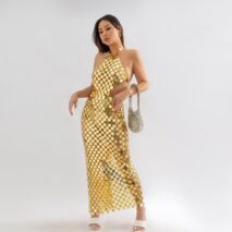 Handmade Gold Silver Rose Red Glitter Strappy Mirror Sequin Dress - ArtGalleryZen