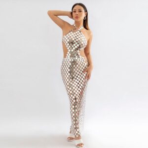 Handmade Gold Silver Rose Red Glitter Strappy Mirror Sequin Dress - ArtGalleryZen