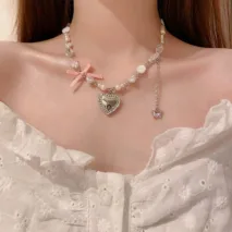 Handmade Heart Locket Pendant Crystal Star Pearl Chain Choker Necklace - ArtGalleryZen
