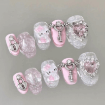 Handmade Hello Kitty Rhinestone Heart 3D Press on Nails Short False Nail - ArtGalleryZen