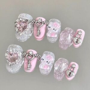 Handmade Hello Kitty Rhinestone Heart 3D Press on Nails Short False Nail - ArtGalleryZen