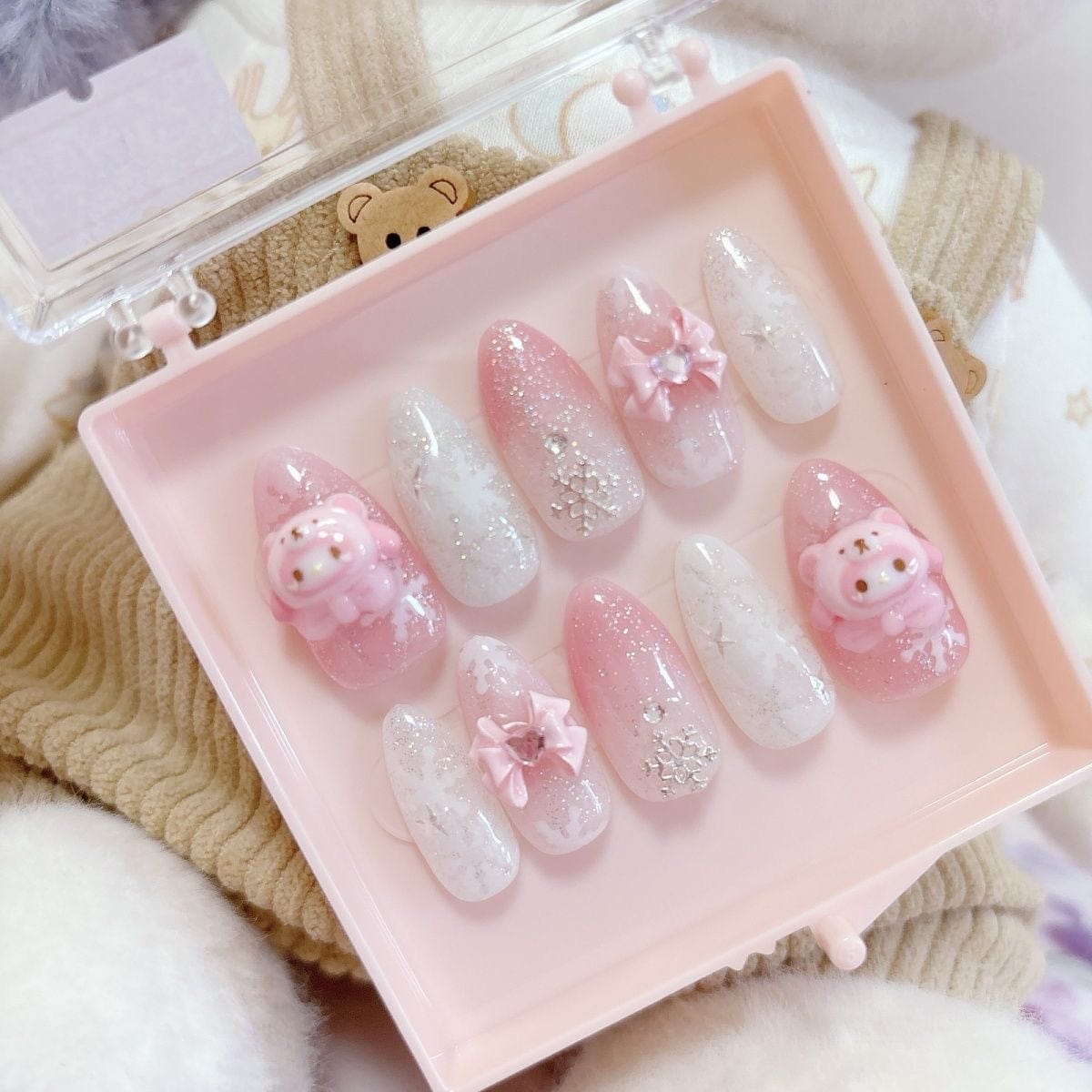 Handmade My Melody Winter Snowflake 3D Press on Nails False Nail - ArtGalleryZen