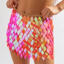 Handmade Orange Rhombic Sequins Patchwork Strappy Nightclub Party Skirt - ArtGalleryZen