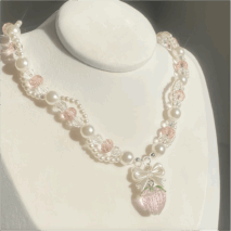 Handmade Pink Crystal Strawberry Pendant Pearl Chain Choker Necklace - ArtGalleryZen