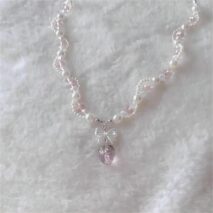 Handmade Pink Crystal Strawberry Pendant Pearl Chain Choker Necklace - ArtGalleryZen