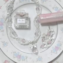 Handmade Pink Crystal Strawberry Pendant Pearl Chain Choker Necklace - ArtGalleryZen