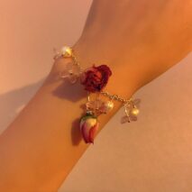 Handmade Real Dried Rosebud Crystal Floral Pearl Tassel Necklace Dangle Earrings Bracelet Set - ArtGalleryZen