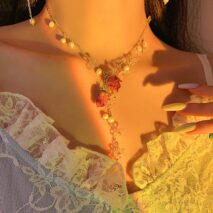 Handmade Real Dried Rosebud Crystal Floral Pearl Tassel Necklace Dangle Earrings Bracelet Set - ArtGalleryZen