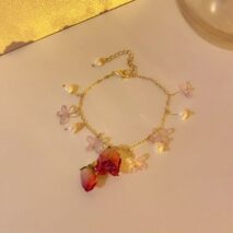 Handmade Real Dried Rosebud Crystal Floral Pearl Tassel Necklace Dangle Earrings Bracelet Set - ArtGalleryZen