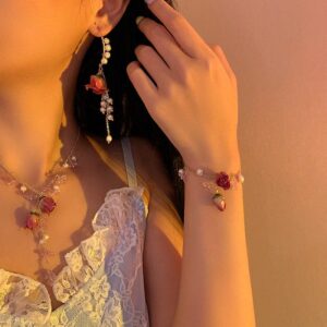 Handmade Real Dried Rosebud Crystal Floral Pearl Tassel Necklace Dangle Earrings Bracelet Set - ArtGalleryZen