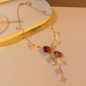 Handmade Real Dried Rosebud Crystal Floral Pearl Tassel Necklace Dangle Earrings Bracelet Set - ArtGalleryZen