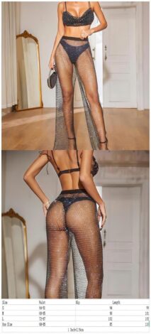 Handmade Rhinestone Fishnet See Through Mesh Loose Trousers - ArtGalleryZen