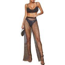 Handmade Rhinestone Fishnet See Through Mesh Loose Trousers - ArtGalleryZen
