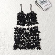 Handmade Squamous Hollow Pink Black Star Sequins Strappy Rave Party Skirt - ArtGalleryZen