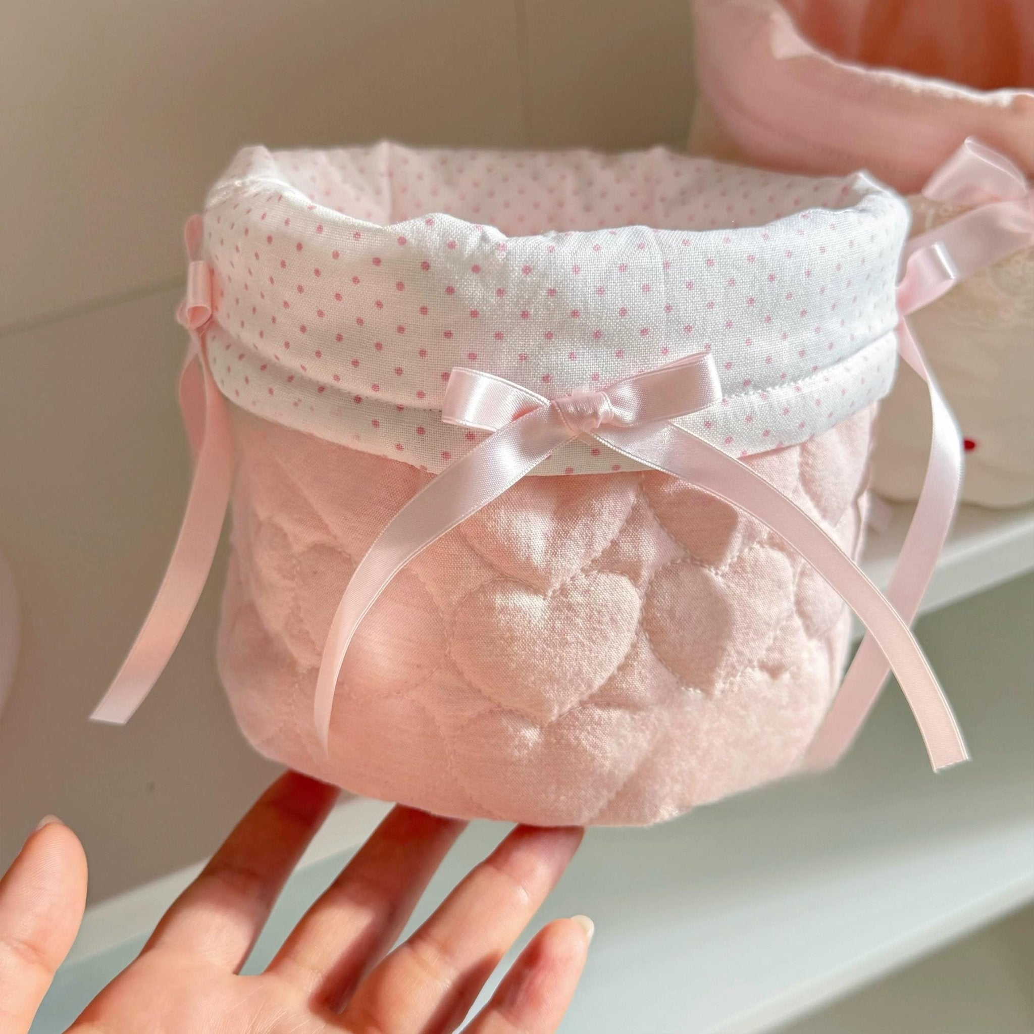 Handmade Sweet Bowknot Heart Round Fabric Storage Basket - ArtGalleryZen