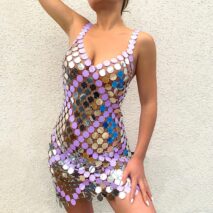 Handmade Two-tone Squamous Sequins Patchwork Rave Party Midi Dress - ArtGalleryZen