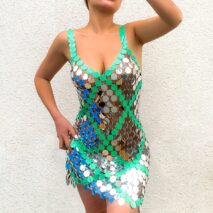 Handmade Two-tone Squamous Sequins Patchwork Rave Party Midi Dress - ArtGalleryZen