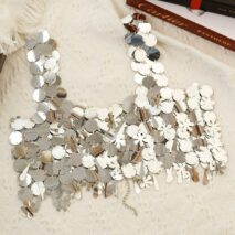 Handmade White Black Mirror Sequins Tassel Party Tank Top - ArtGalleryZen