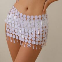 Handmade White Black Sequins Tassel Patchwork Strappy Nightclub Party Mini Skirt - ArtGalleryZen