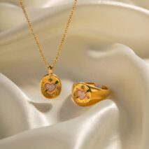 Hand Painted 24K Gold Filled Stainless Steel Arrow Heart Necklace Ring Set - ArtGalleryZen
