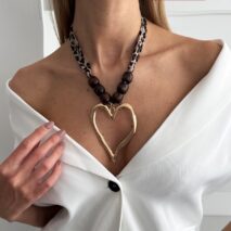 Heart Pendant Leopard Print Chiffon Wooden Beads Choker Necklace - ArtGalleryZen