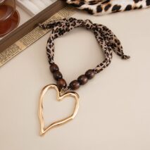 Heart Pendant Leopard Print Chiffon Wooden Beads Choker Necklace - ArtGalleryZen