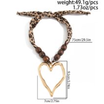 Heart Pendant Leopard Print Chiffon Wooden Beads Choker Necklace - ArtGalleryZen