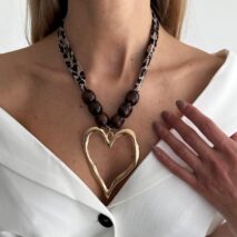 Heart Pendant Leopard Print Chiffon Wooden Beads Choker Necklace - ArtGalleryZen
