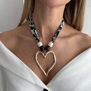 Heart Pendant Wooden Beads Leopard Print Chiffon Choker Necklace - ArtGalleryZen