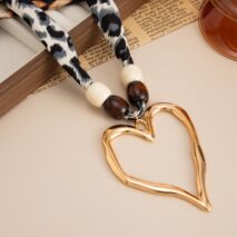 Heart Pendant Wooden Beads Leopard Print Chiffon Choker Necklace - ArtGalleryZen