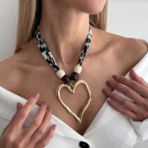 Heart Pendant Wooden Beads Leopard Print Chiffon Choker Necklace - ArtGalleryZen