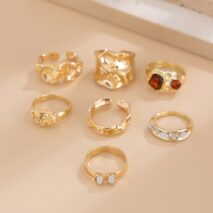 Hip Hop 7pcs Crystal Inlaid Pleated Open Ring Set - ArtGalleryZen