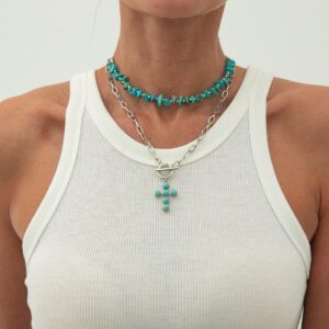 Hippie 2pcs Toggle Clasp Cross Pendant Turquoise Chain Necklace Set - ArtGalleryZen