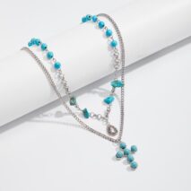 Hippie 2pcs Turquoise Inlaid Cross Waterdrop Pendant Curb Chain Necklace Set - ArtGalleryZen