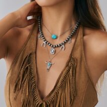 Hippie 3pcs Bull Cowboy Hat Turquoise Pendant Ball Chain Necklace Set - ArtGalleryZen