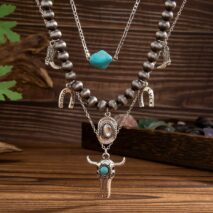 Hippie 3pcs Bull Cowboy Hat Turquoise Pendant Ball Chain Necklace Set - ArtGalleryZen
