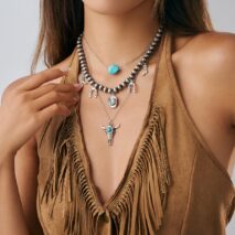 Hippie 3pcs Bull Cowboy Hat Turquoise Pendant Ball Chain Necklace Set - ArtGalleryZen