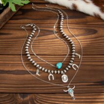 Hippie 3pcs Bull Cowboy Hat Turquoise Pendant Ball Chain Necklace Set - ArtGalleryZen
