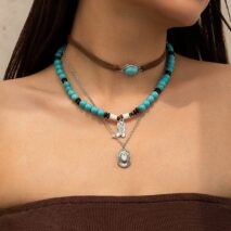 Hippie 3Pcs Cowboy Hat Boots Pendant Turquoise Wood Bead Necklace Set - ArtGalleryZen