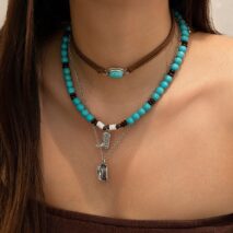 Hippie 3Pcs Cowboy Hat Boots Pendant Turquoise Wood Bead Necklace Set - ArtGalleryZen