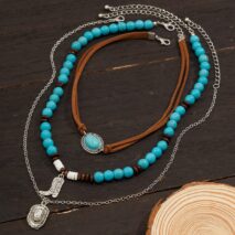 Hippie 3Pcs Cowboy Hat Boots Pendant Turquoise Wood Bead Necklace Set - ArtGalleryZen