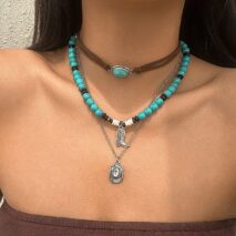 Hippie 3Pcs Cowboy Hat Boots Pendant Turquoise Wood Bead Necklace Set - ArtGalleryZen