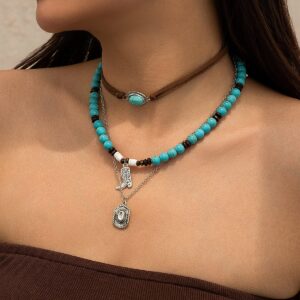 Hippie 3Pcs Cowboy Hat Boots Pendant Turquoise Wood Bead Necklace Set - ArtGalleryZen