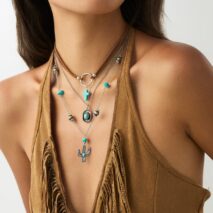 Hippie 3pcs Turquoise Cross Cowboy Hat Cactus Pendant Velvet Necklace Set - ArtGalleryZen