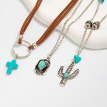 Hippie 3pcs Turquoise Cross Cowboy Hat Cactus Pendant Velvet Necklace Set - ArtGalleryZen