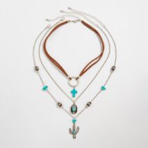 Hippie 3pcs Turquoise Cross Cowboy Hat Cactus Pendant Velvet Necklace Set - ArtGalleryZen
