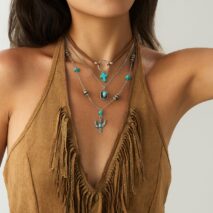 Hippie 3pcs Turquoise Cross Cowboy Hat Cactus Pendant Velvet Necklace Set - ArtGalleryZen