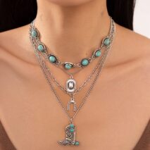 Hippie 4pcs Turquoise Boot Cowboy Hat Lucky Horseshoe Pendant Necklace Set - ArtGalleryZen